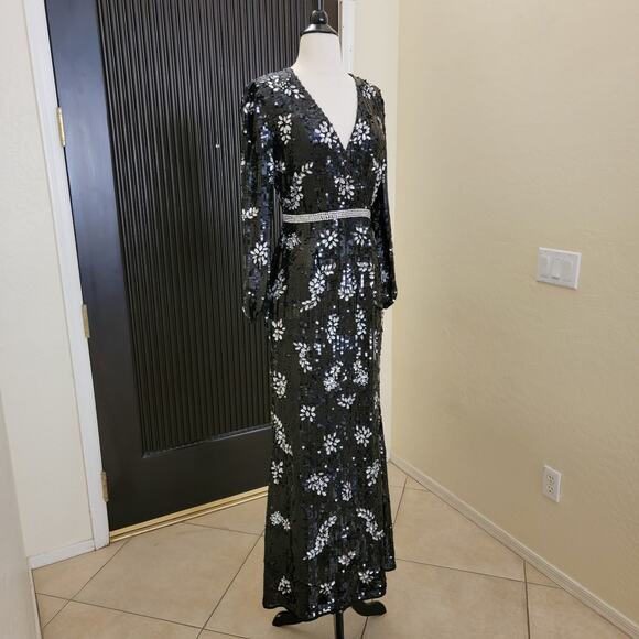 Mac Duggal 93616 Black Embellished Sequin Long Sleeve V Evening Gown Dress 4 - Picture 8 of 13